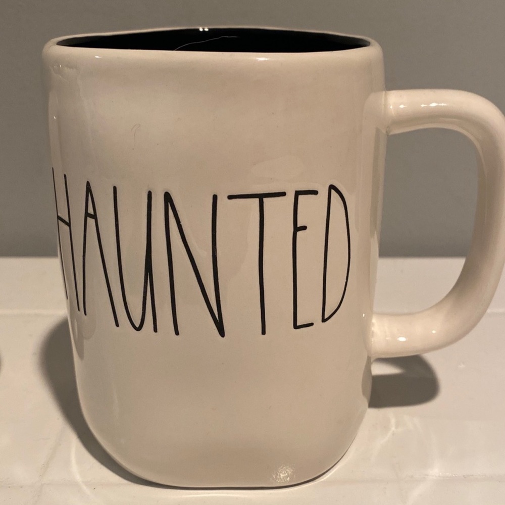 Rae Dunn set of two Haunted Halloween mugs white with black like new